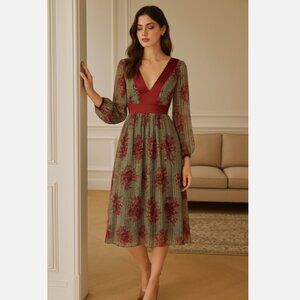Max & Cleo Floral Dress Midi Plunge V-Neck ¾ Sleeves Chiffon Beige Rust Size 8